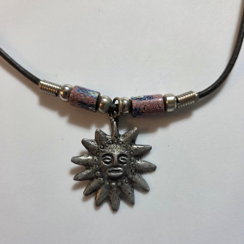 Silver Tone Sun Face Pendant Choker Necklace 15.5" Black Cord Celestial Boho